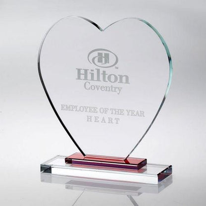 Clear Glass Heart With Red Stepped Base (10mm Thick) - Personalisable Engraving