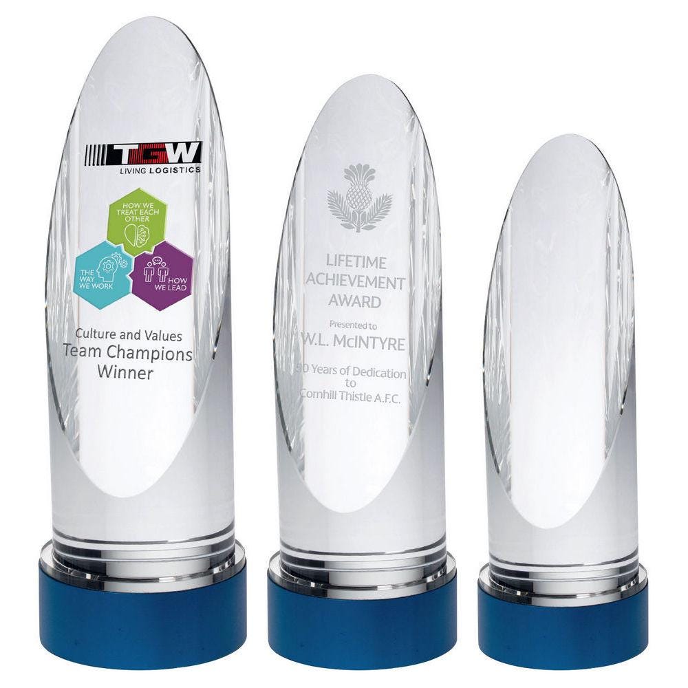Clear Glass Round Column On Blue Metal Base (70mm Diameter) - Personalisable Engraving