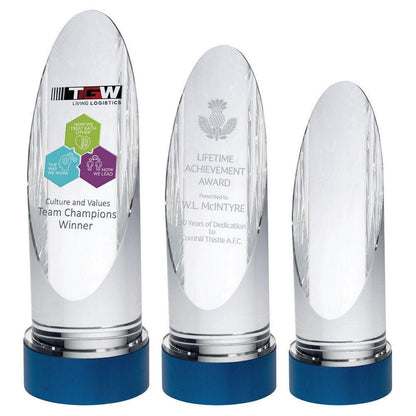 Clear Glass Round Column On Blue Metal Base (70mm Diameter) - Personalisable Engraving