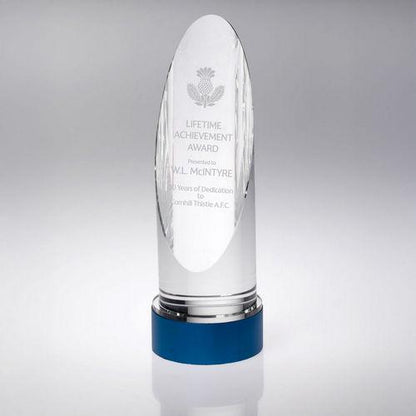 Clear Glass Round Column On Blue Metal Base (70mm Diameter) - Personalisable Engraving
