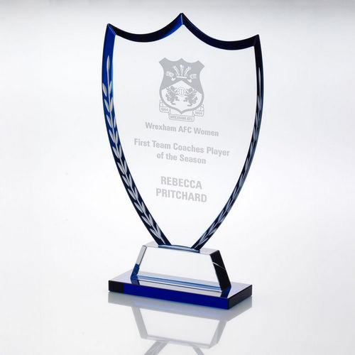 Clear Glass Shield With Blue Edge And Frosted Wreath (10mm Thick) - Personalisable Engraving