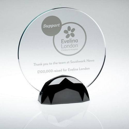 Clear Glass Round Plaque (10mm Thick) In Gun Metal Base - Personalisable Engraving