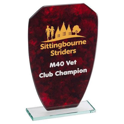 Red Marble Backed Jade Glass Shield (4mm Thick) - Personalisable Engraving