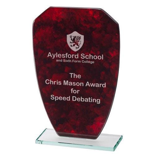 Red Marble Backed Jade Glass Shield (4mm Thick) - Personalisable Engraving