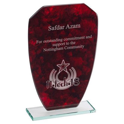 Red Marble Backed Jade Glass Shield (4mm Thick) - Personalisable Engraving
