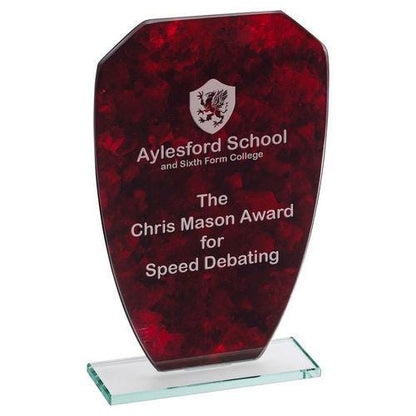 Red Marble Backed Jade Glass Shield (4mm Thick) - Personalisable Engraving