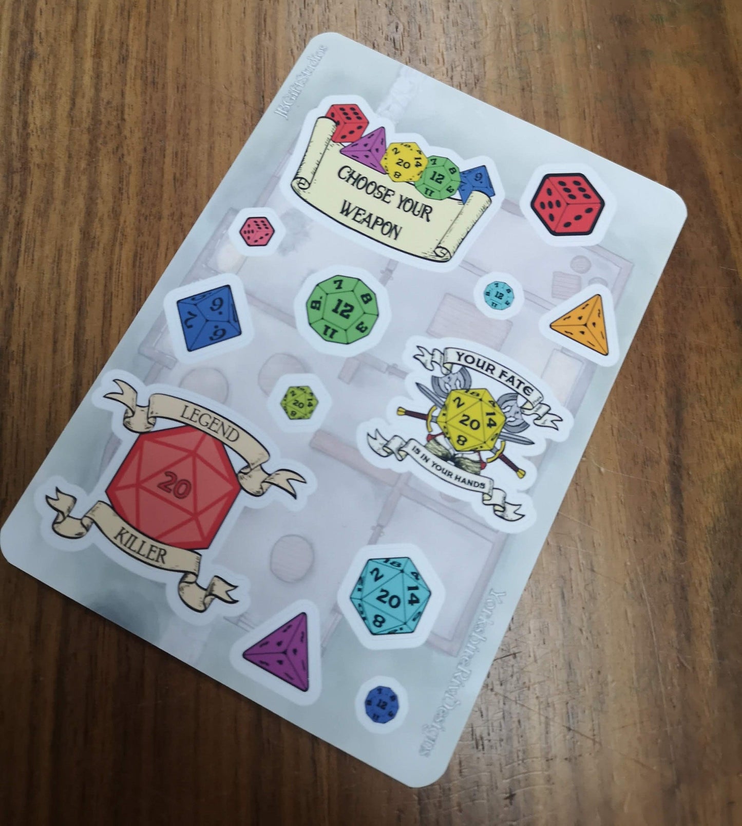 Dungeons and Dragons Themed Matt Vinyl Sticker Sheet - 3 Large DnD themed Stickers and 10 Dice Stickers