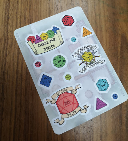 Dungeons and Dragons Themed Matt Vinyl Sticker Sheet - 3 Large DnD themed Stickers and 10 Dice Stickers